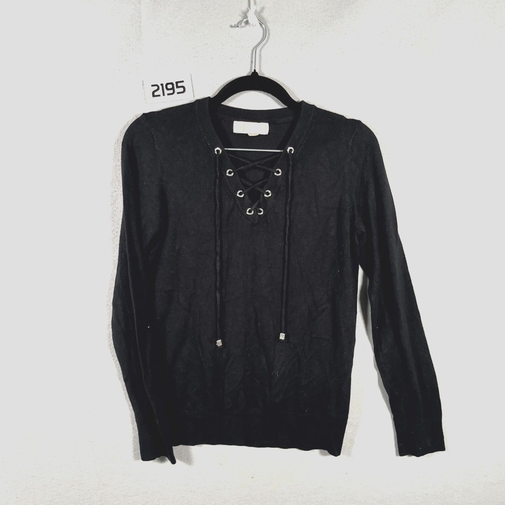 Michael Kors Sweater Womens Small Black Lace Up V‎ Neck Viscose Long Sleeve